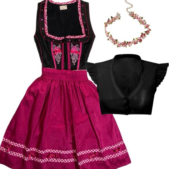 Authentic Dirndl Dress Apron Blouse Set Oktoberfest Landhaus Pink Black 36 XS S - Picture 1 of 6